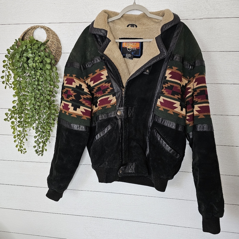 Vtg Cripple Creek Suede Leather Bomber Jacket Mens Medium Aztec Geometrical